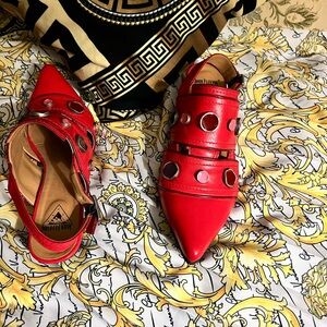 John Fluevog Red Pointed Toe Cutout Slingback Flats